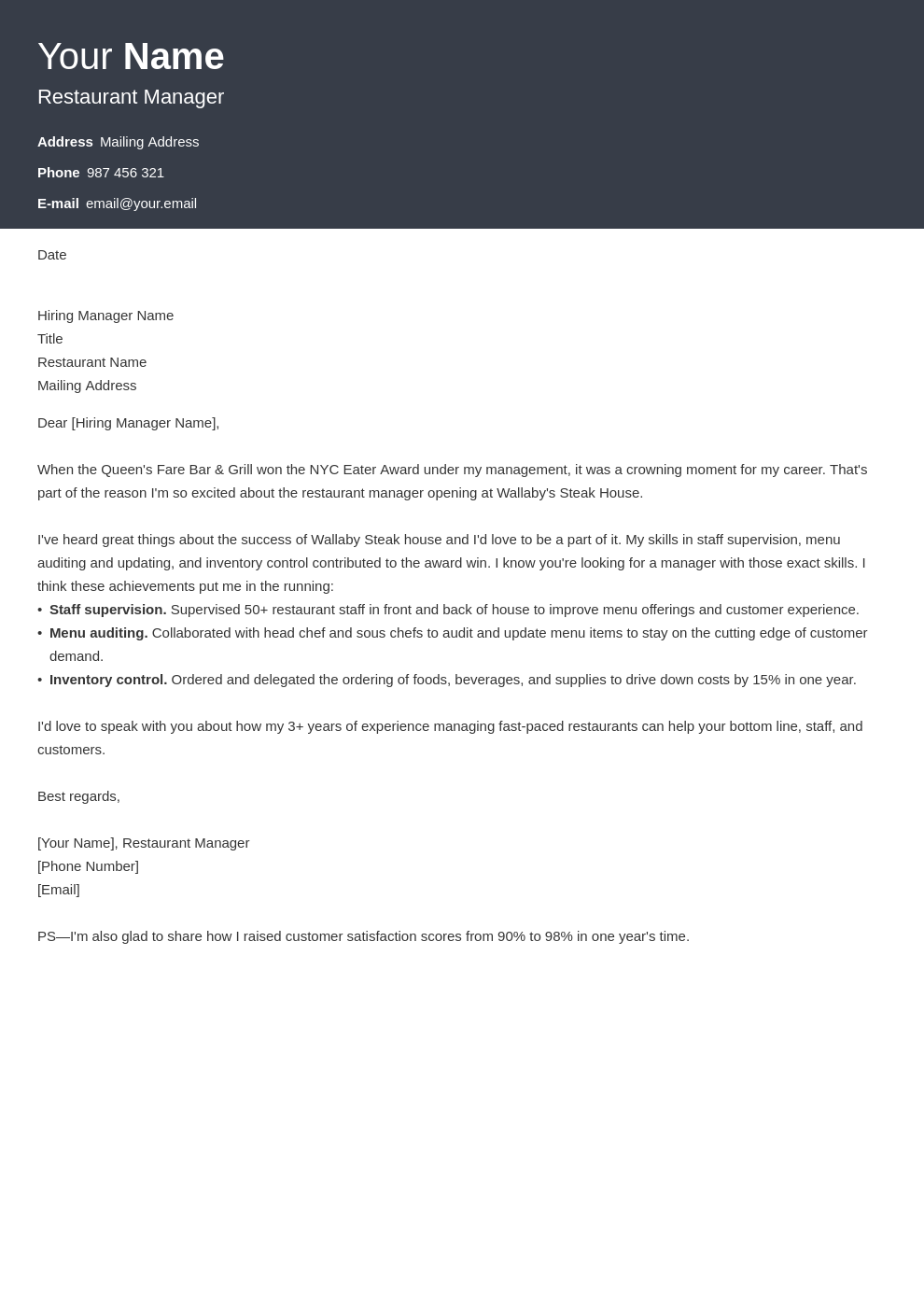 cover letter examples restaurant manager template diamond