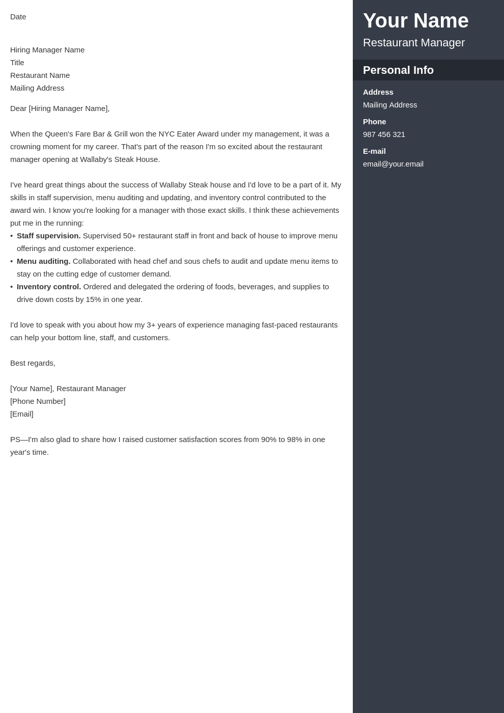 cover letter examples restaurant manager template enfold