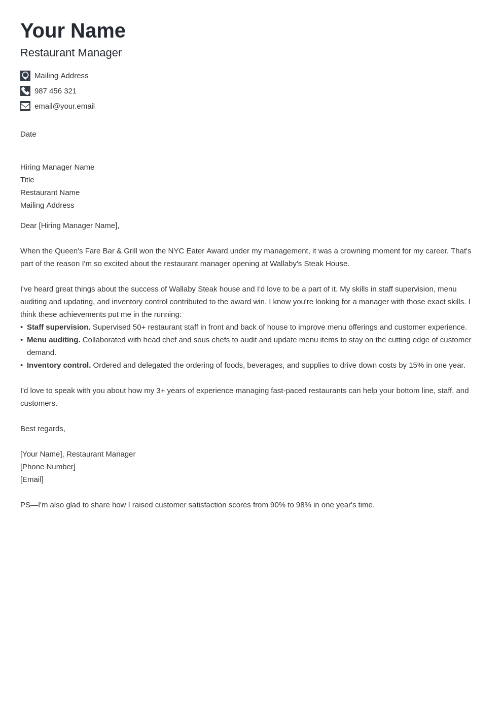 cover letter examples restaurant manager template iconic