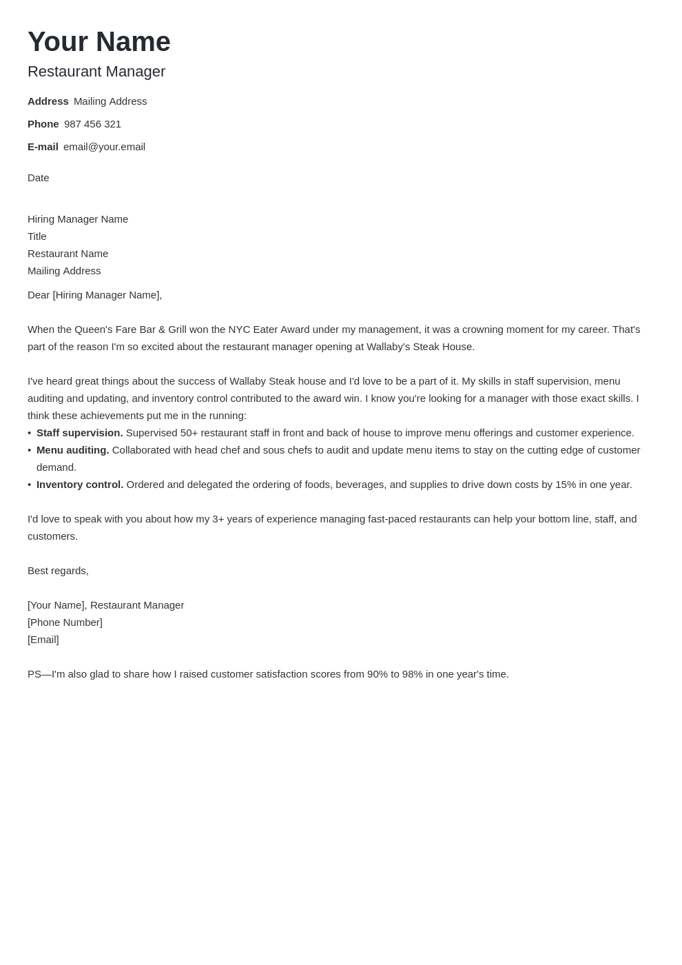 cover letter examples restaurant manager template nanica