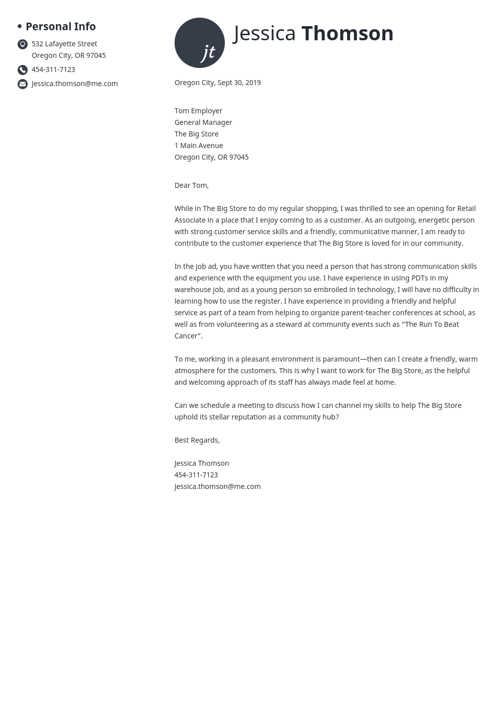 cover letter examples retail template initials