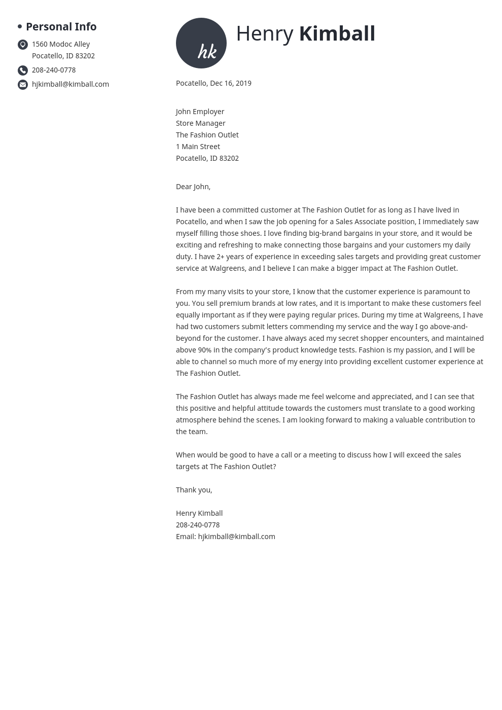 cover letter examples sales associate template initials