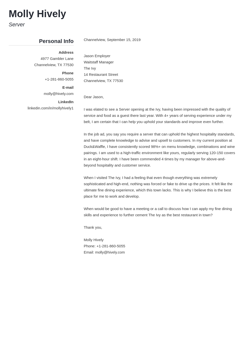 cover letter examples server template simple