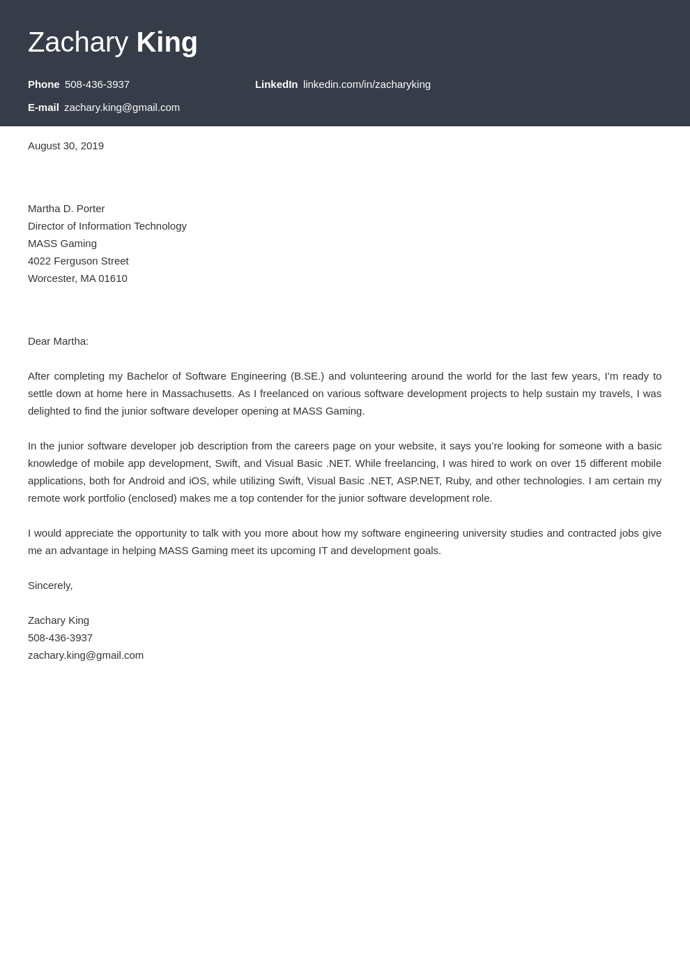 best cover letter for software engineering job