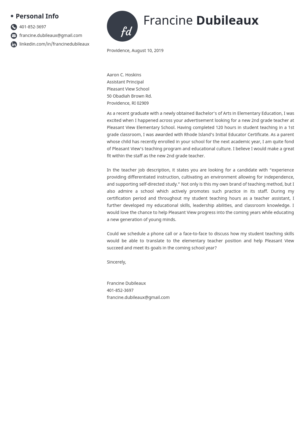 cover letter examples teacher template initials