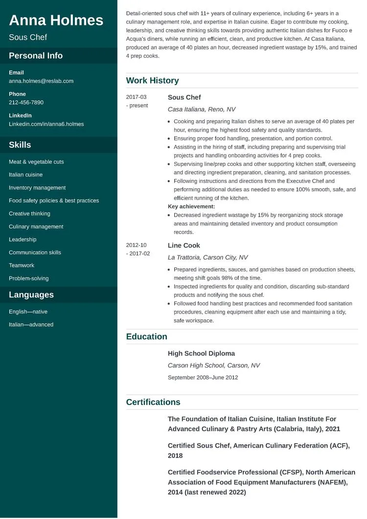 culinary resume example