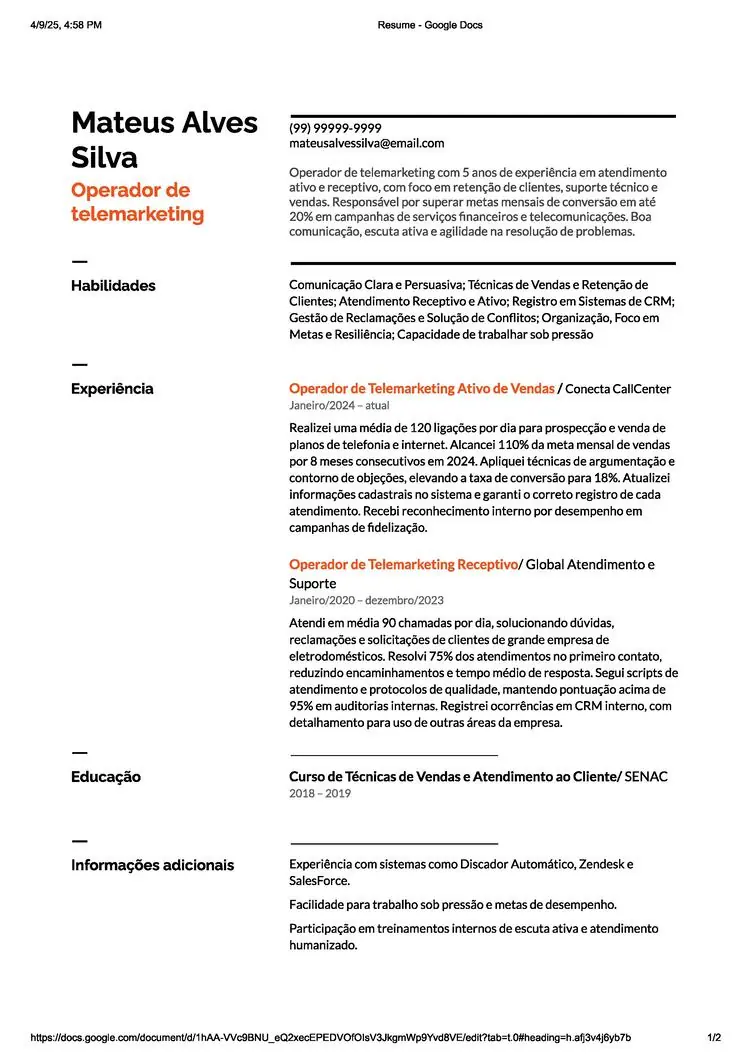 currículo gratuito do Google Docs