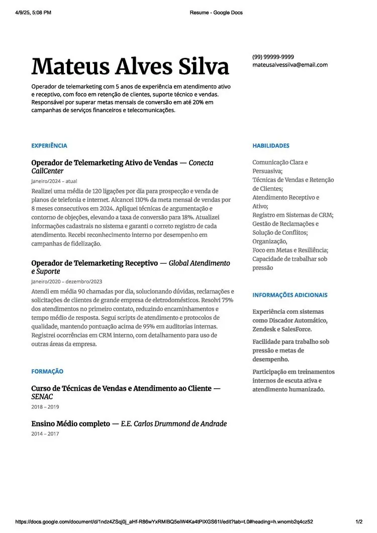 modelo de currículo grátis online do Google Docs