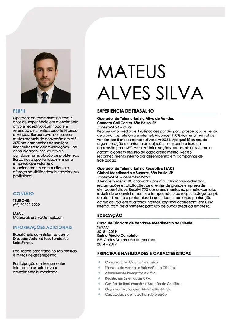 currículo online grátis do Word modelo com foto