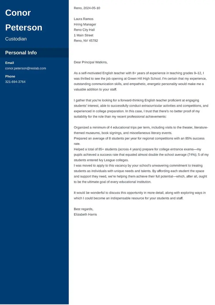 custodian cover letter example