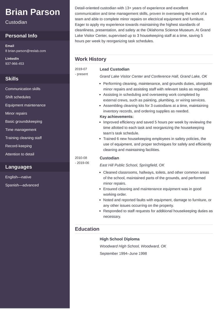 custodian resume example