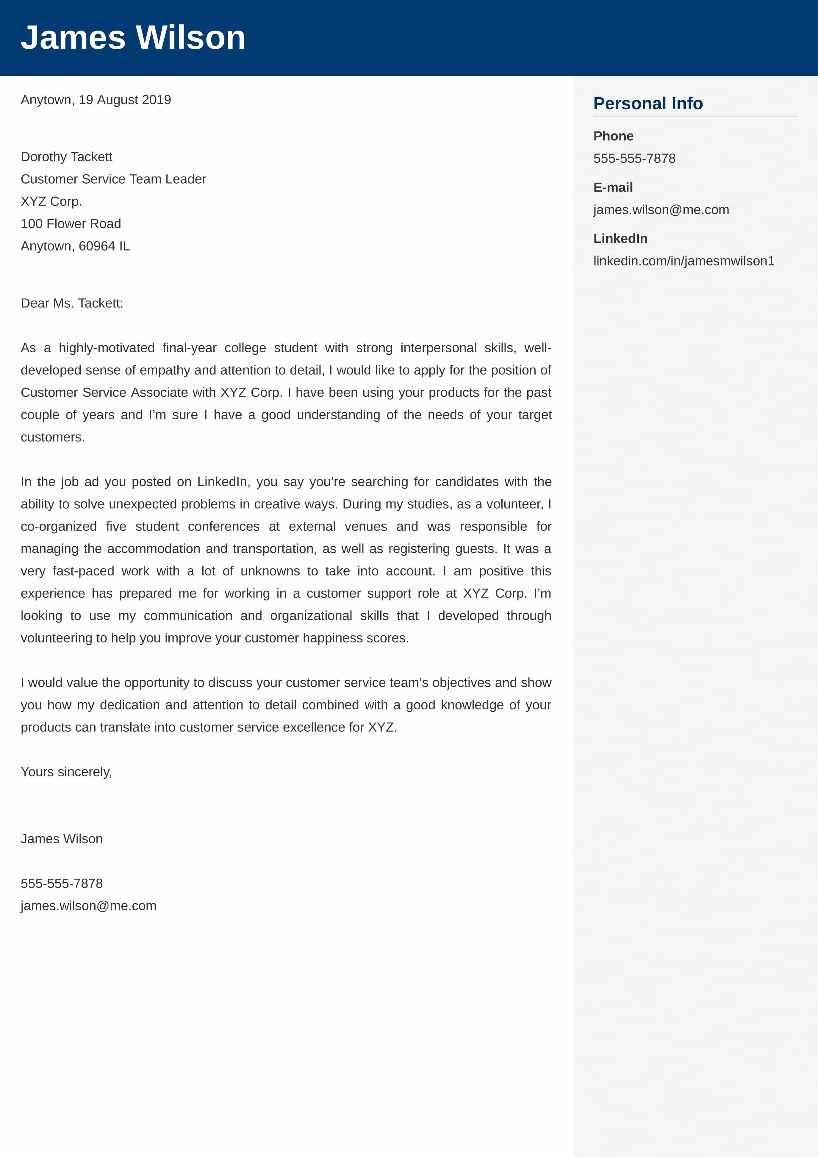 Customer Service Cover Letter Mid & EntryLevel Examples