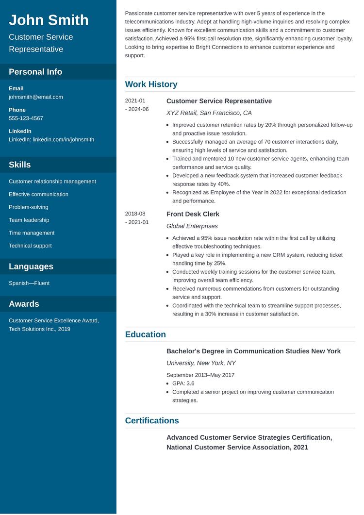 customer service representative CV example