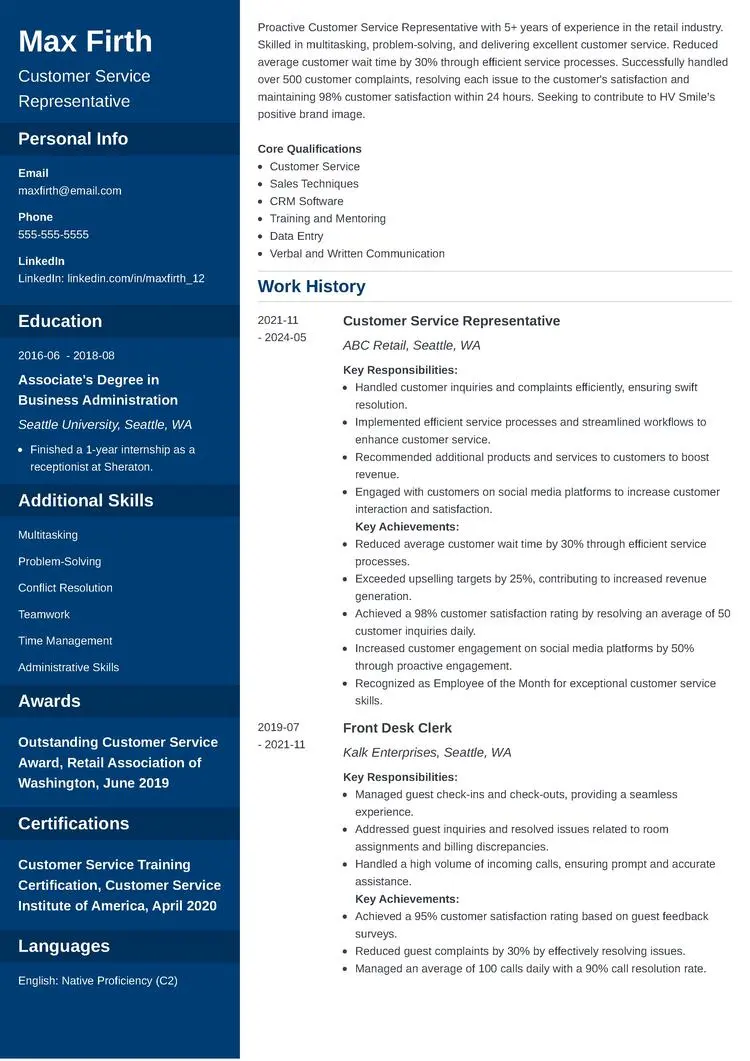 Customer service representative resume example