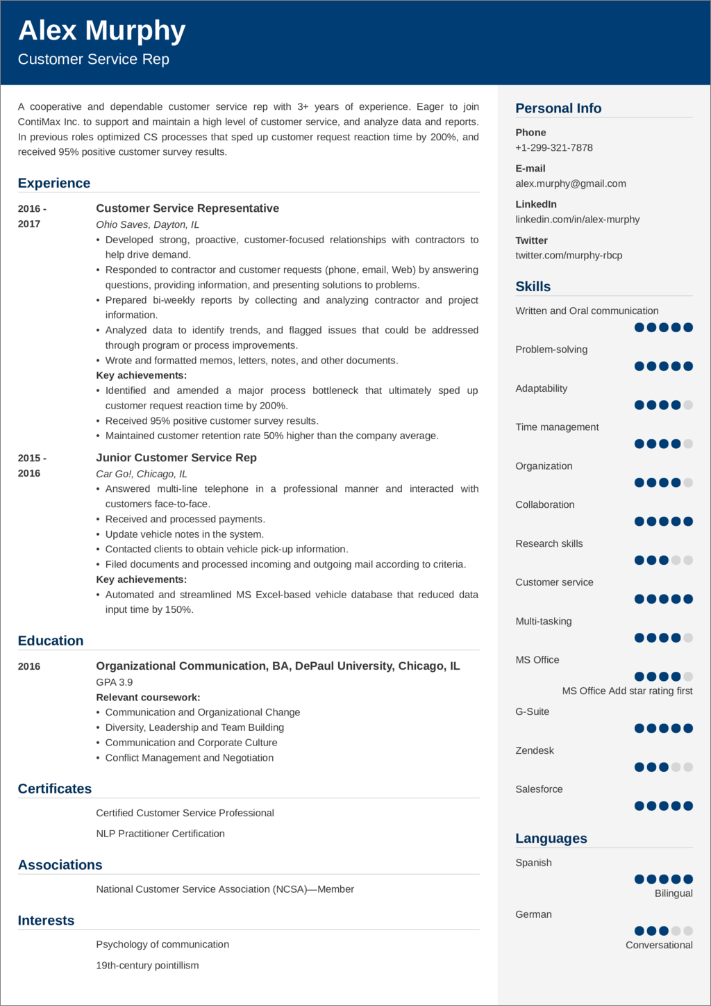 resume example for remote customer service