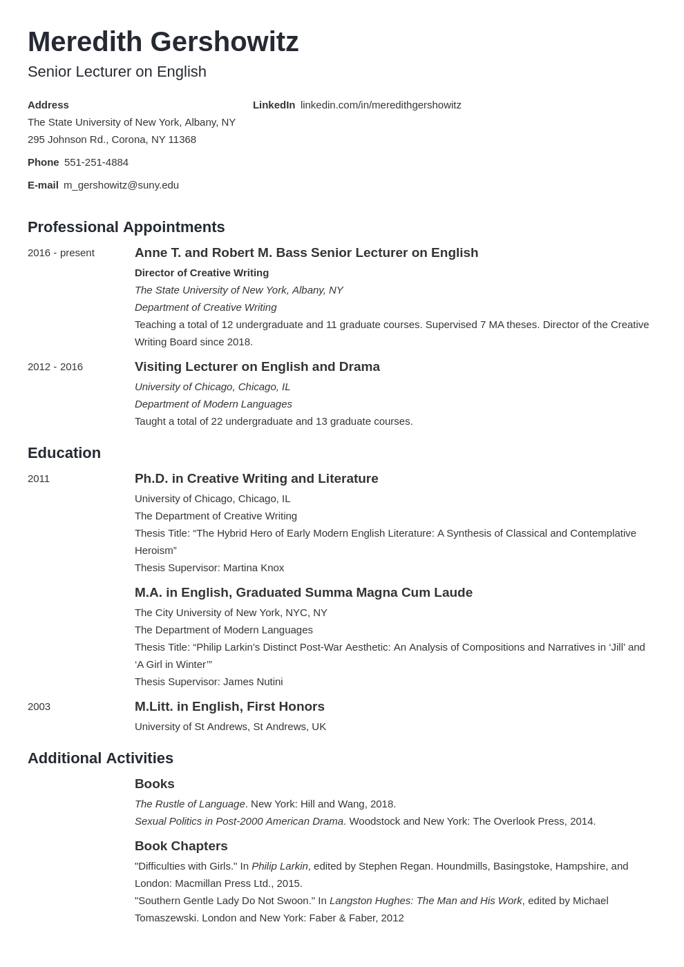 Academic CV Template Format And Examples For 2024
