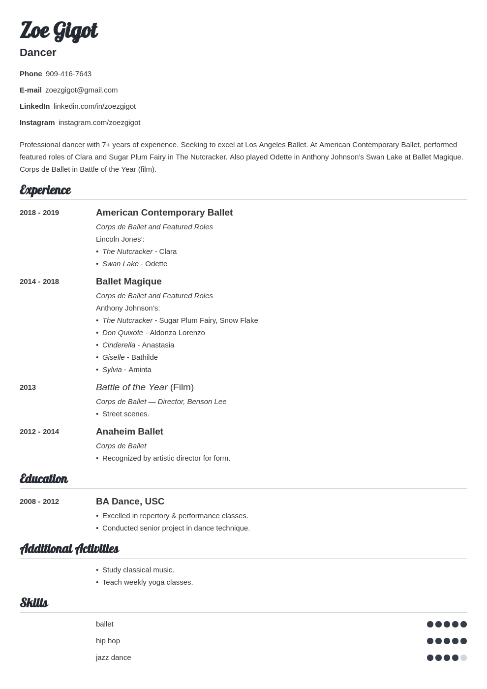 Dance Resume Template & Examples for 2024