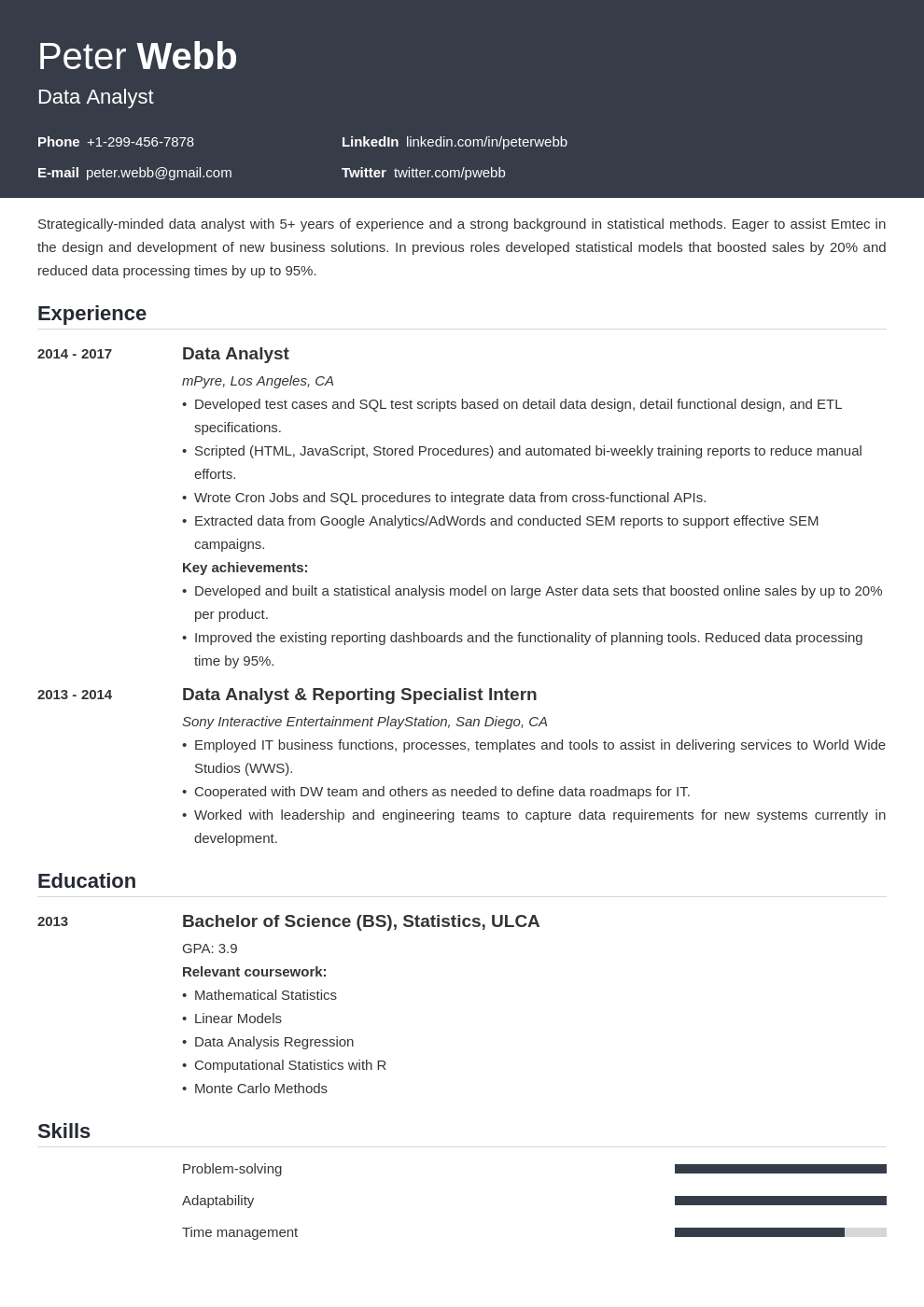 data analyst tableau resume