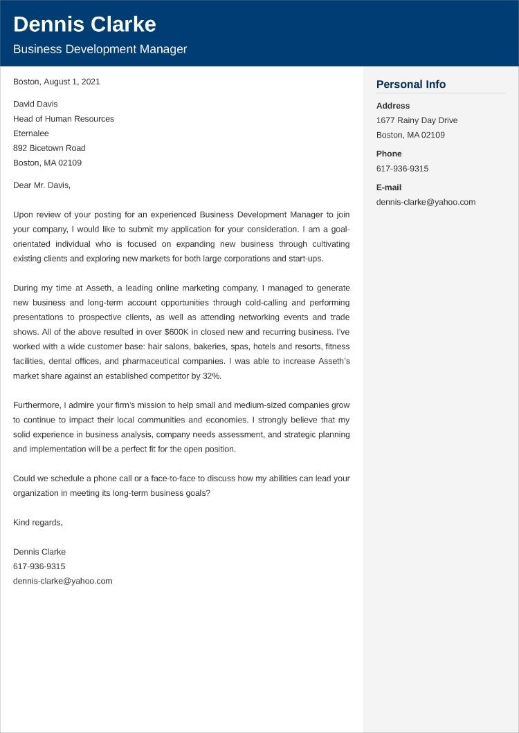business development manager cover letter example