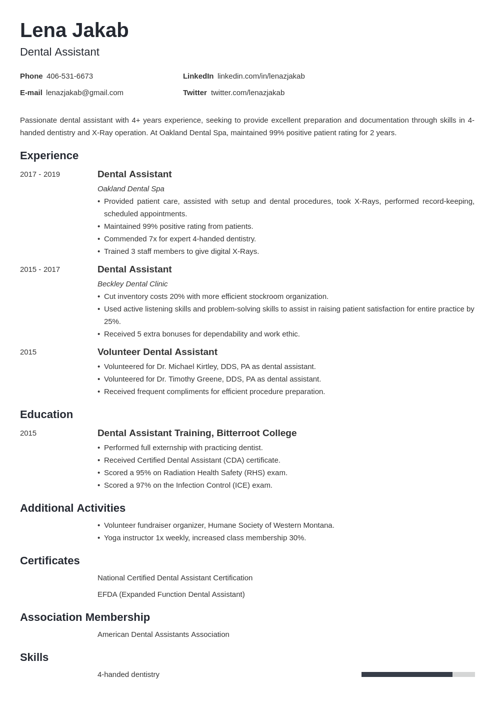 Dental Assistant Resume Sample 20 Examples And Writing Tips