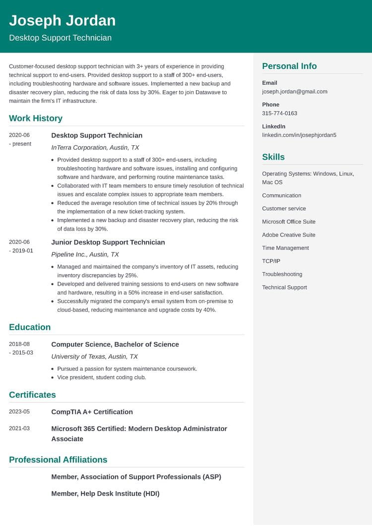 Desktop Support Resume Sample Skills Job Description