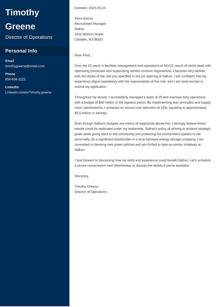 director of operations cover letter sample