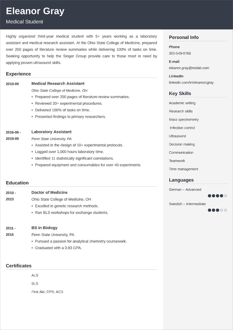 medical student resume example