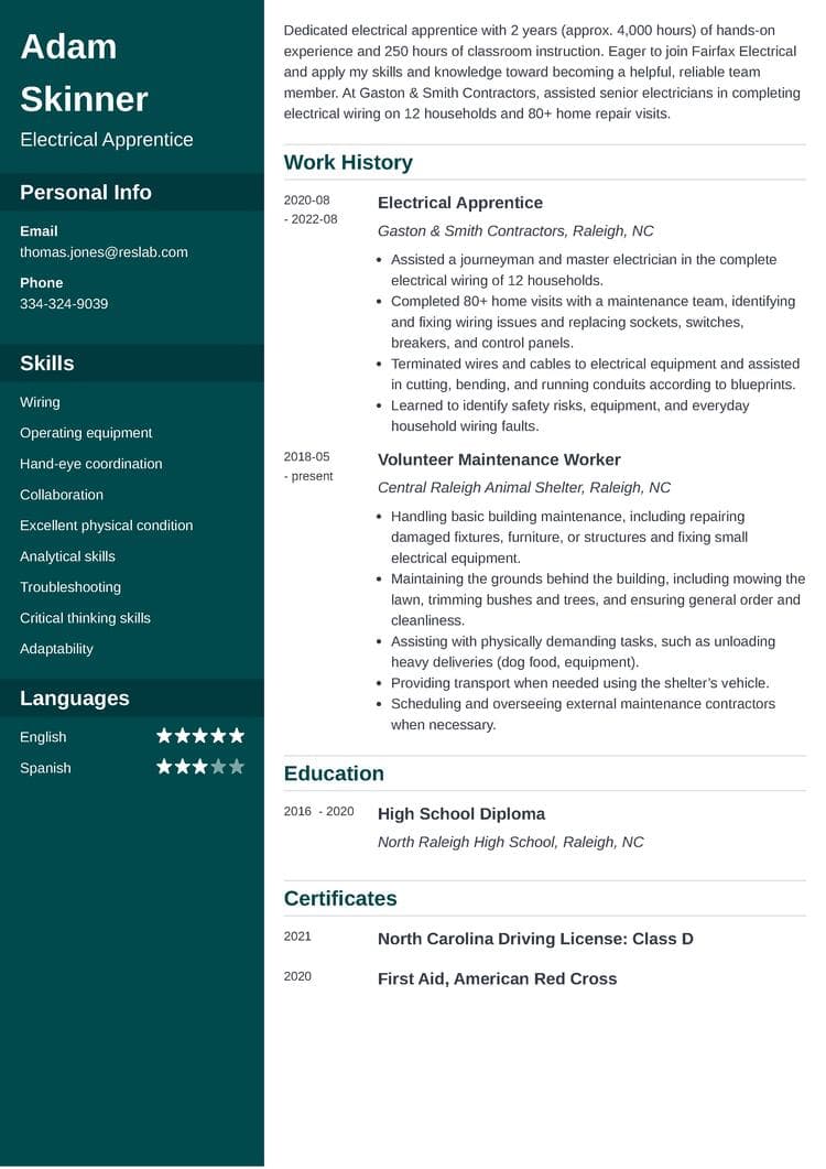 electrician apprentice resume example