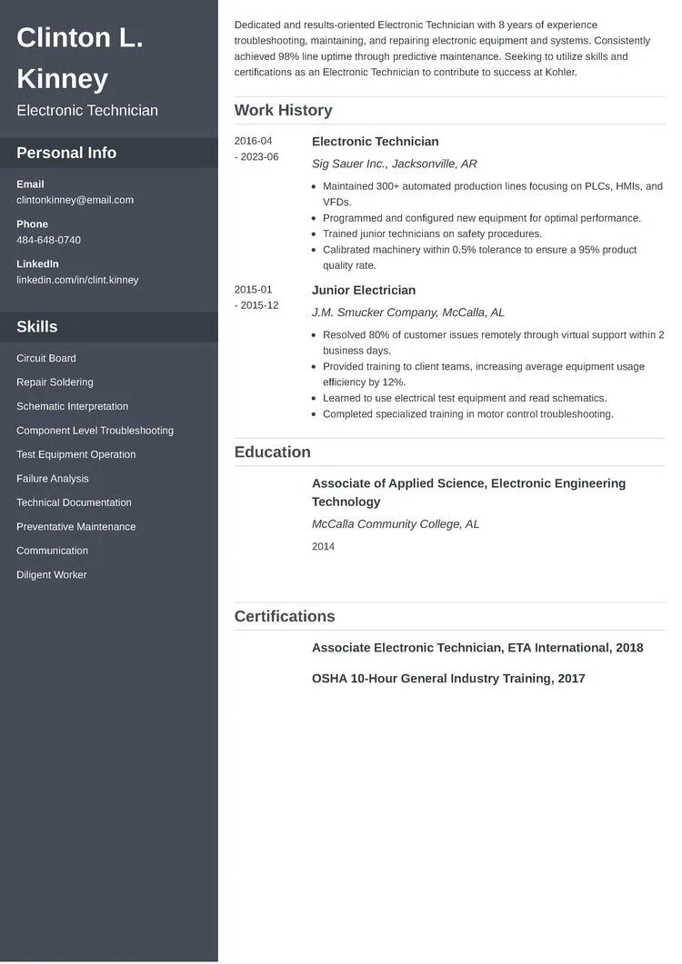 Electronic Technician Resume Sample