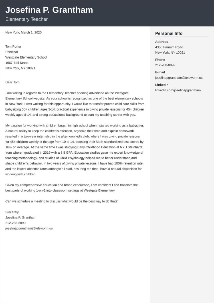 example of primary teacher cover letter