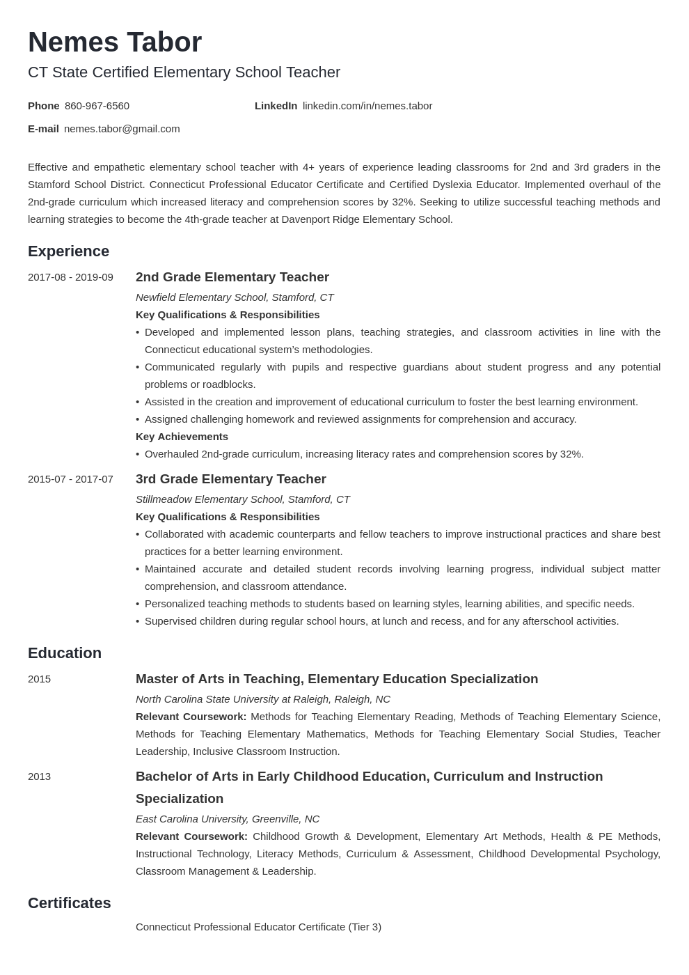 simple elementary teacher resume template free