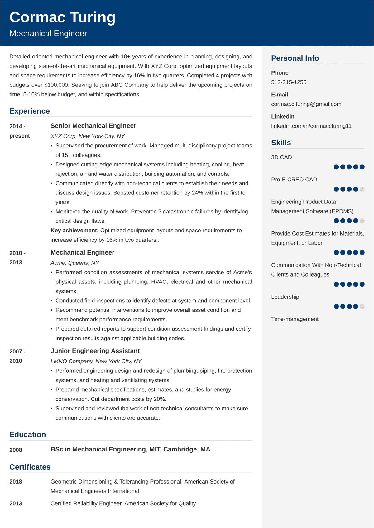 Engineering Resume Examples Format for 2024