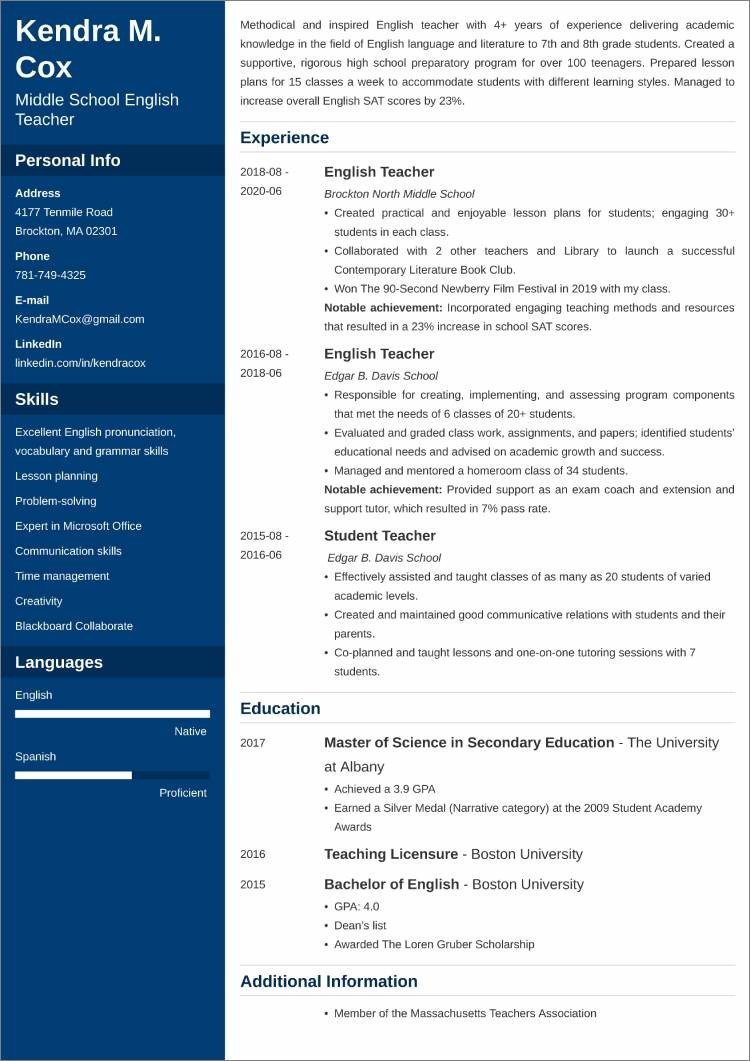 resume for post of english teacher