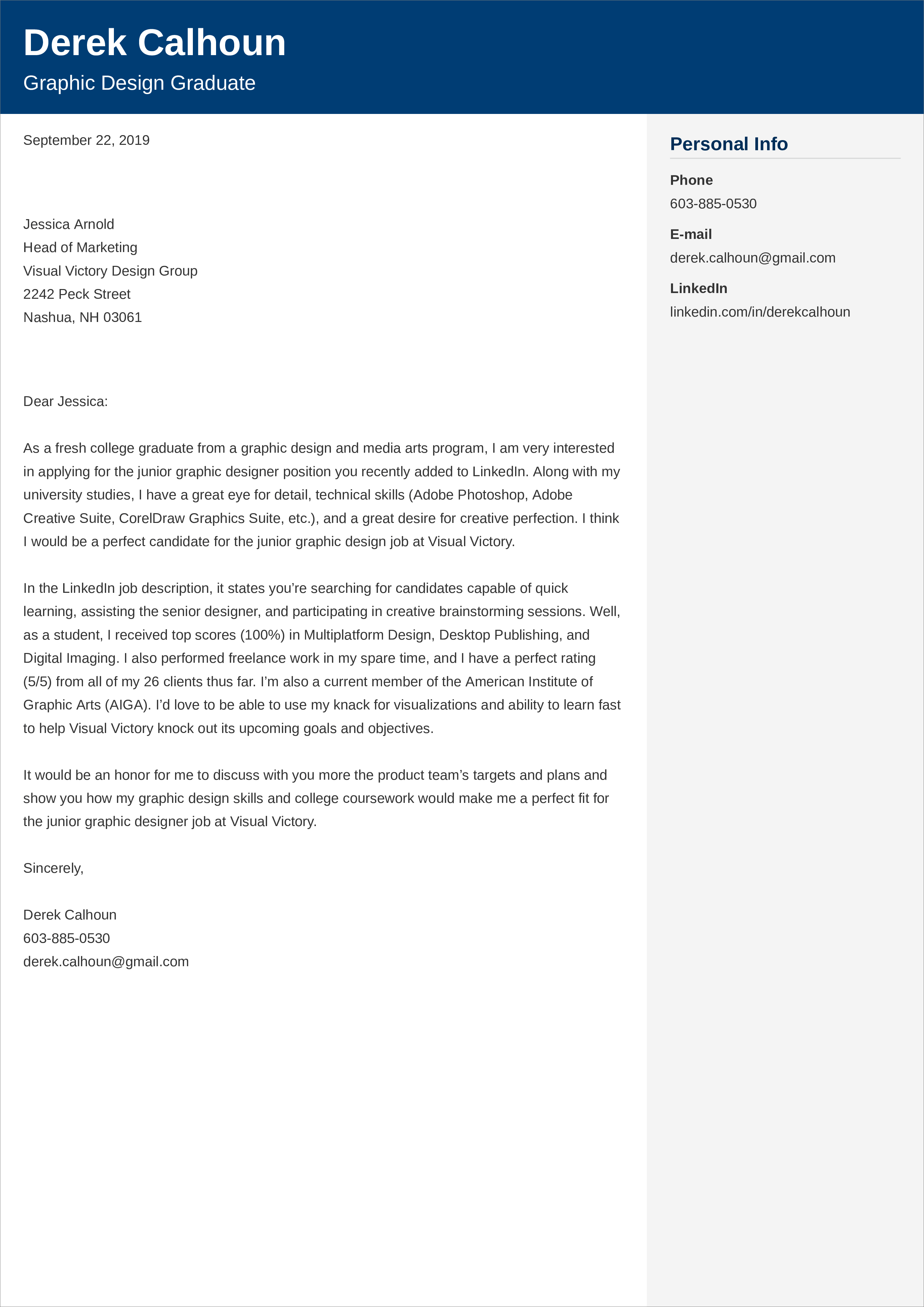 Entry-LevelgGraphic designer cover letter example