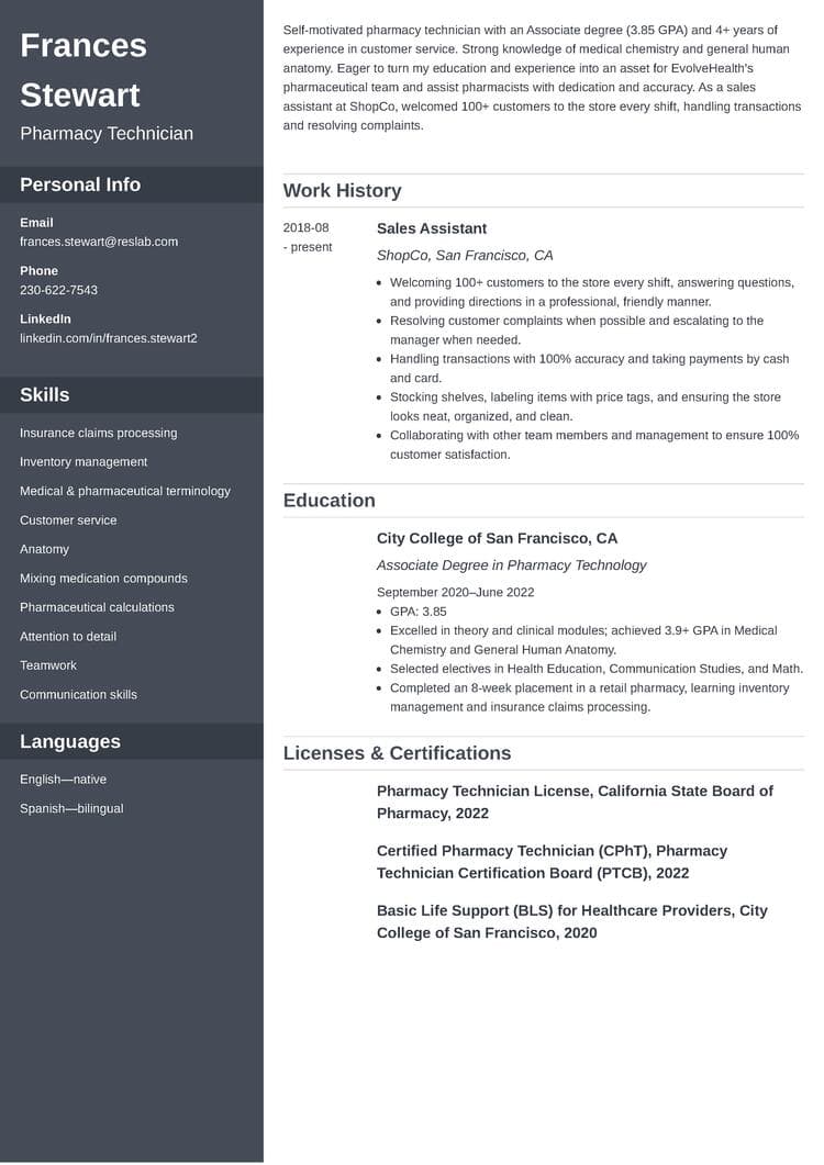 entry-level pharmacy technician resume example