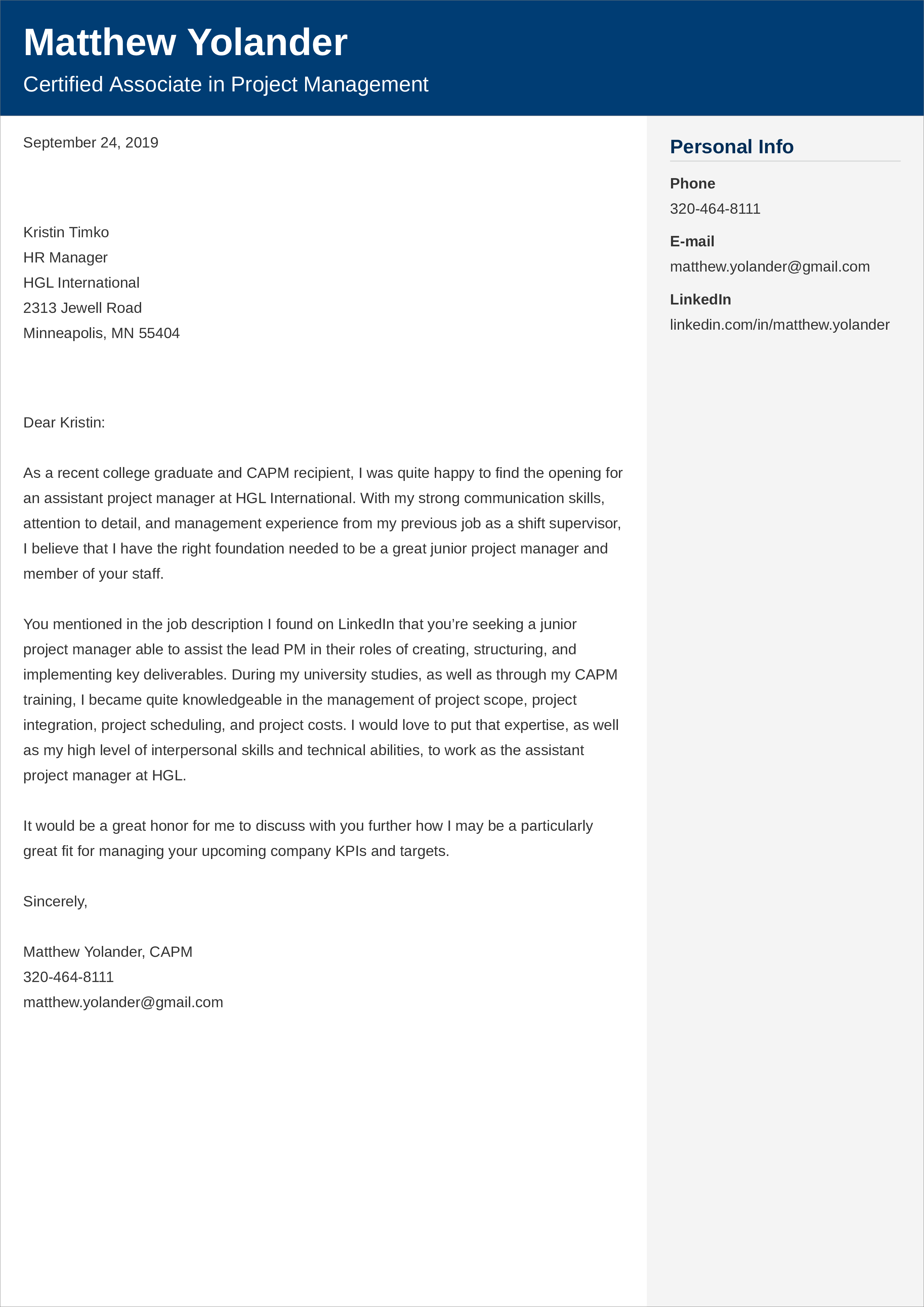 entry-level project manager cover letter example