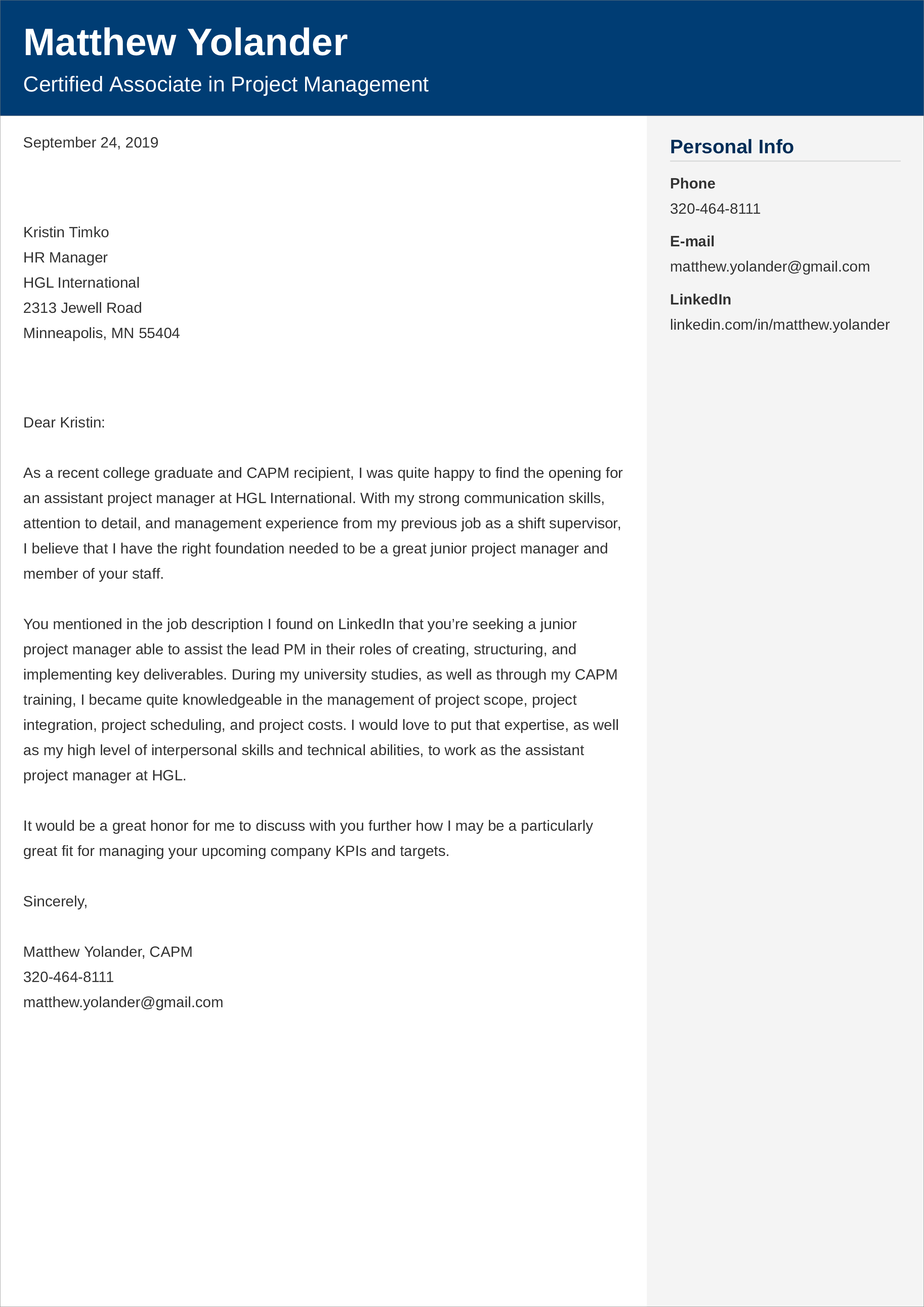Management Resume Cover Letter