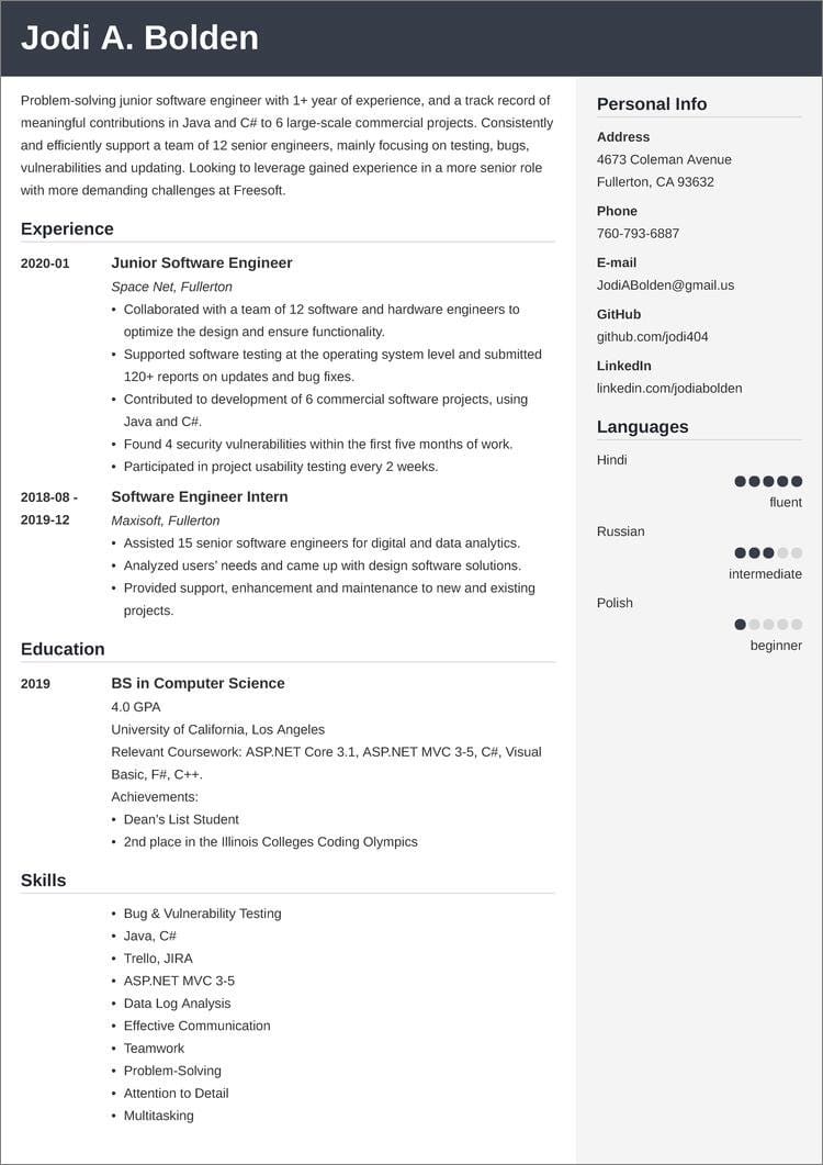 entry level software engineer  cv example