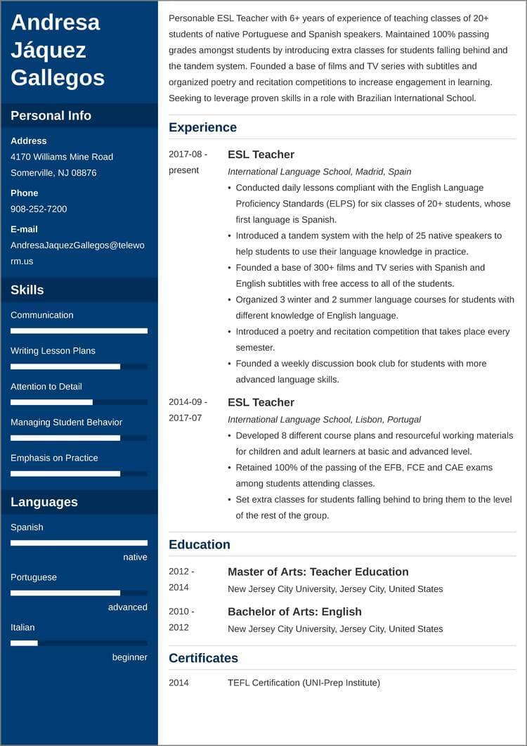 esl teacher resume example