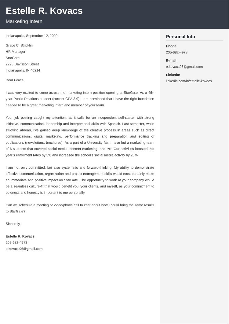 marketing intern cover letter example