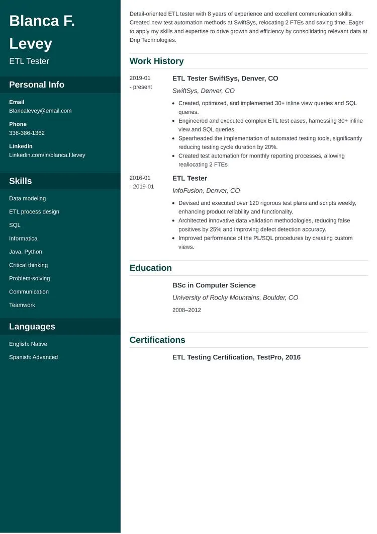etl tester resume example