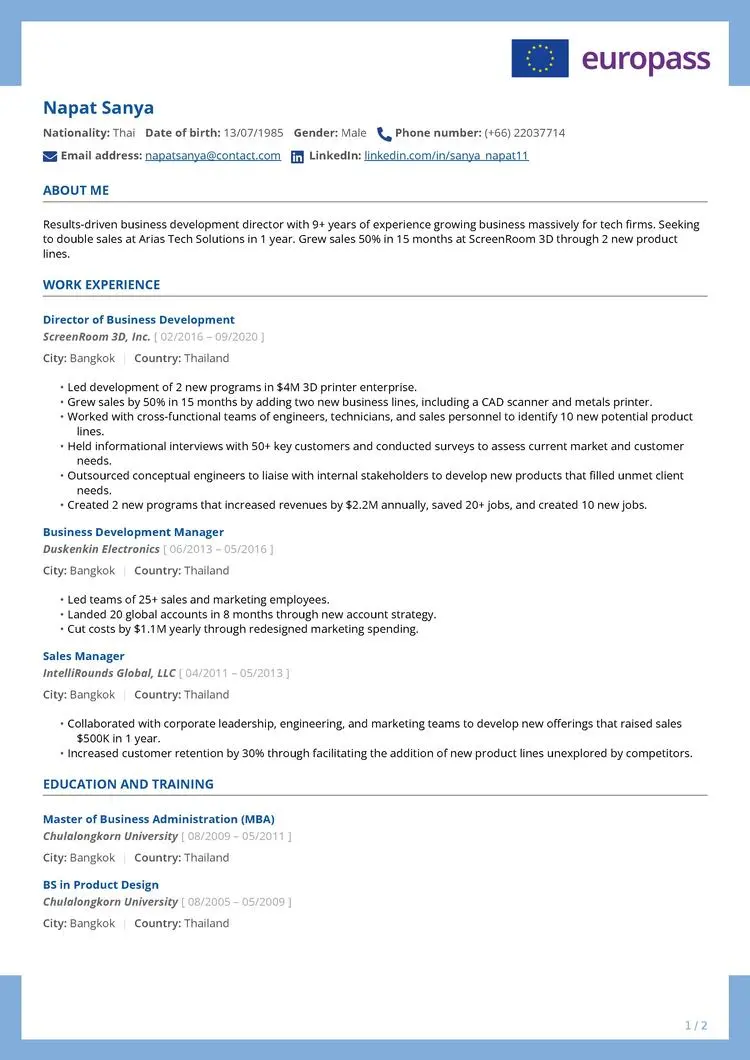 Sample Of Europass Cv Format Sample Of Europass Cv Format