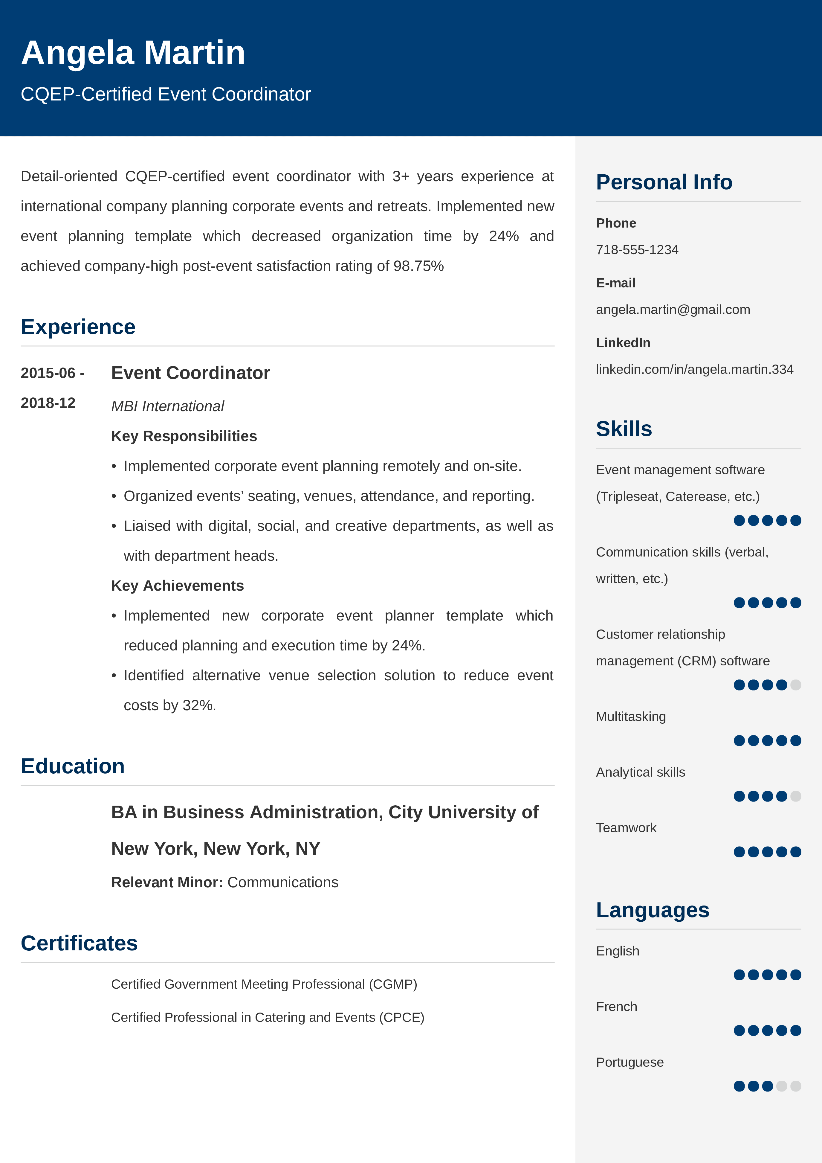 event manager personal statement cv