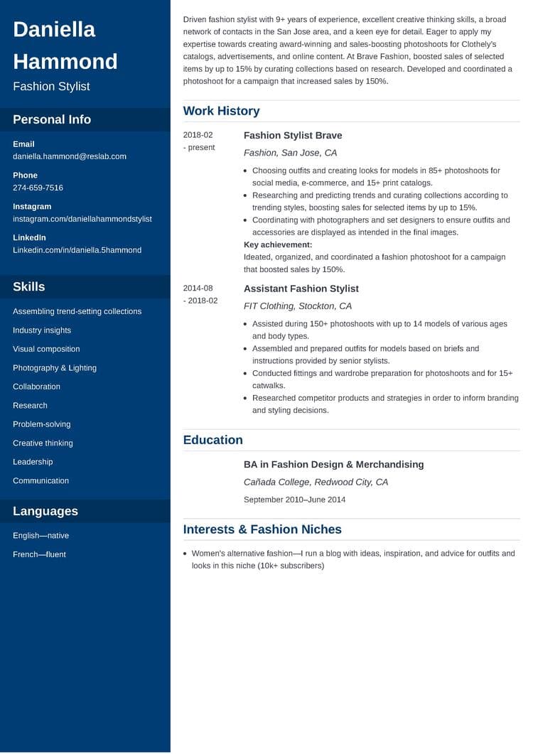 fashion stylist resume example