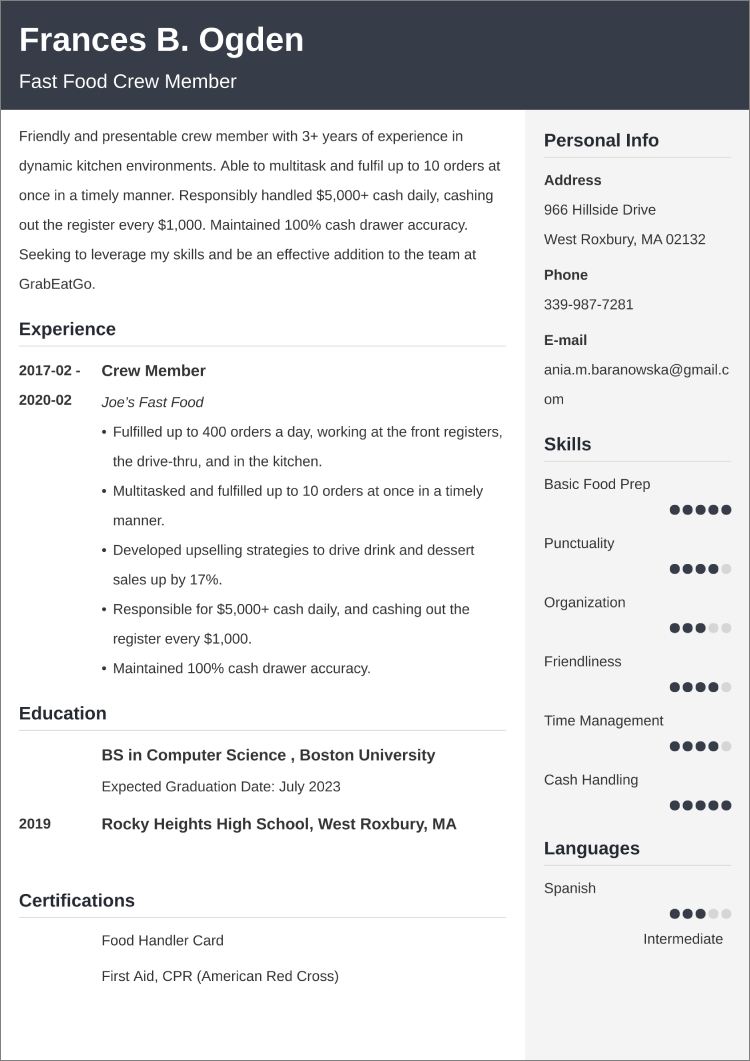 Fast Food Resume—Sample and 25+ Writing Tips
 Fast Food Resume Example