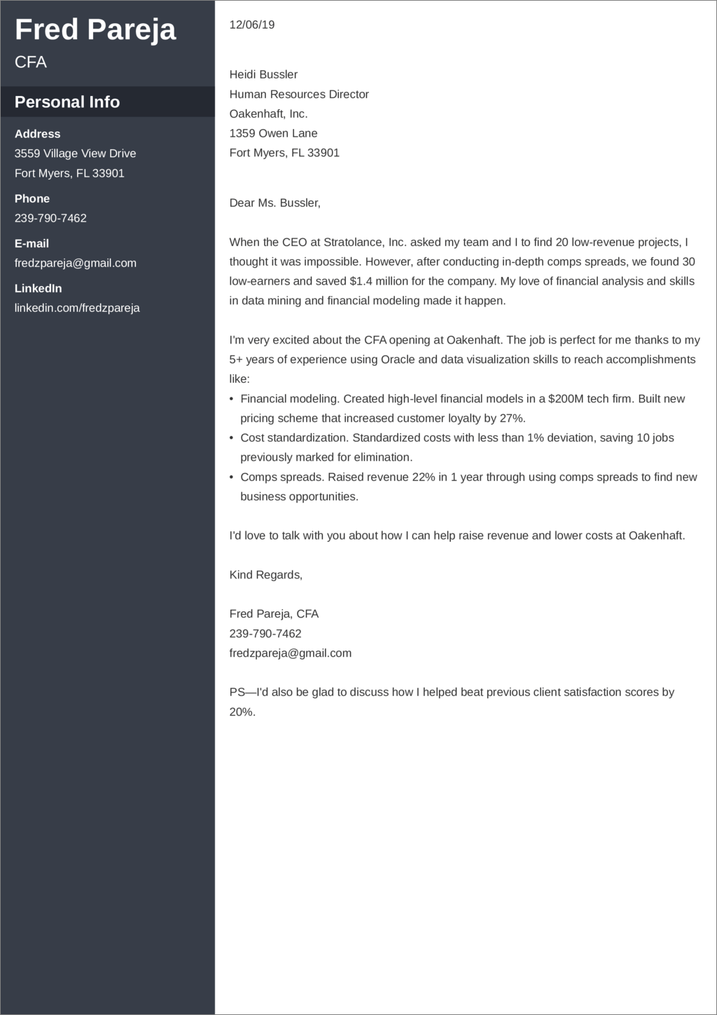 financial analyst cover letter example