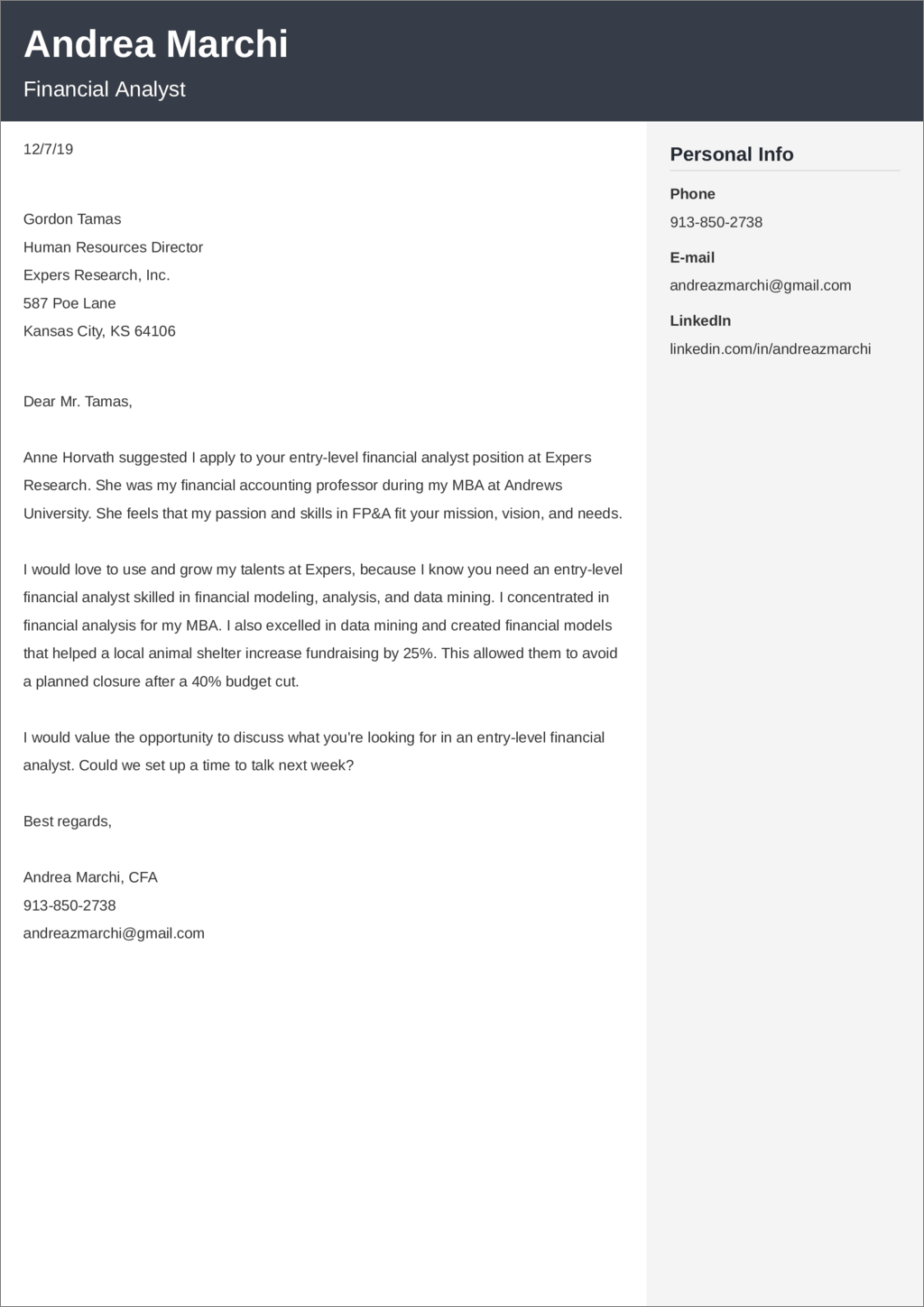 cover letter for corporate finance analyst