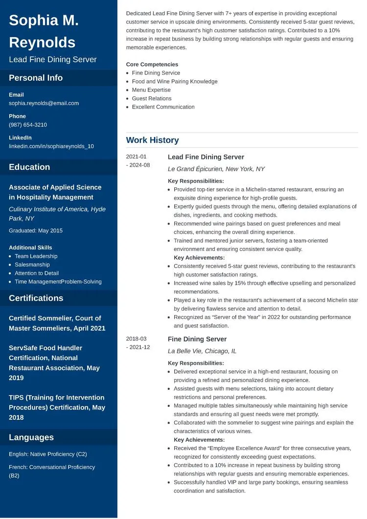 Fine Dining Server Resume Example