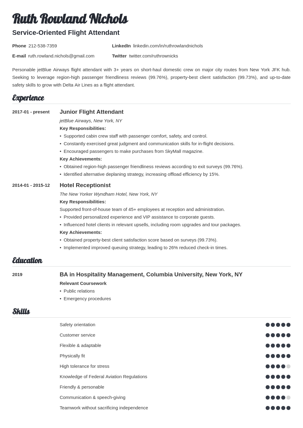 Flight Attendant Resume Sample + Skills & No Experience