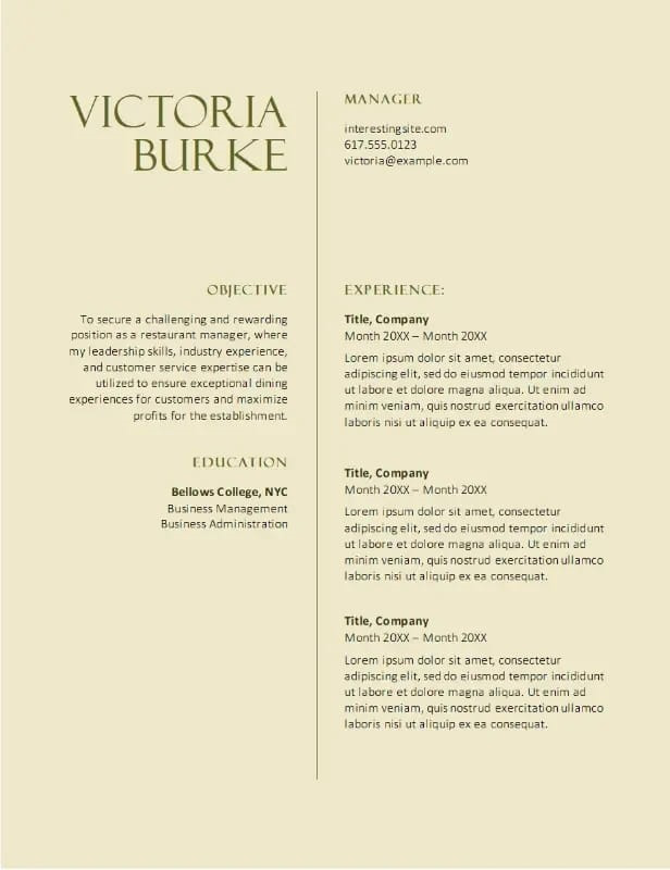 Classic Food Service Free Word Resume Template
